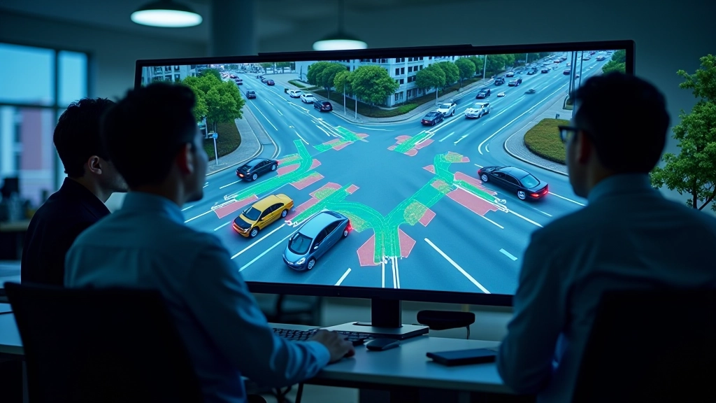 Modern research laboratory with autonomous vehicle simulation setup displaying multiple agent coordination visualization